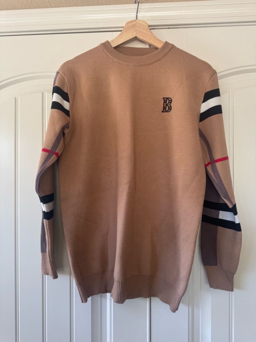 Camel Crewneck Sweater Stripe Sleeves